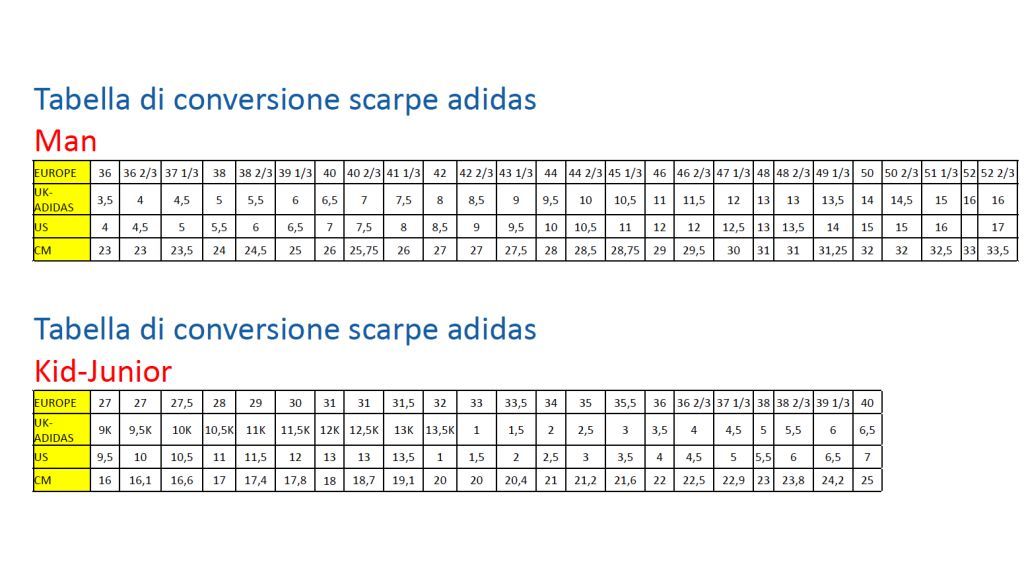 tabella conversione scarpe adidas